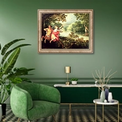 «Hercules, Deianeira and the centaur Nessus, 1612» в интерьере гостиной в зеленых тонах