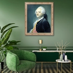 «Portrait of Maurice Quentin de la Tour, 1750» в интерьере гостиной в зеленых тонах