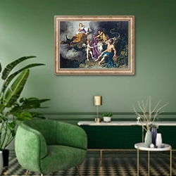«Юнона, заставшая Юпитера с Ио» в интерьере гостиной в зеленых тонах