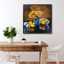 «Натюрморт с желтыми цветами и яблоками» в интерьере кухни с деревянным столом