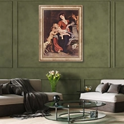 «Святое семейство с корзиной» в интерьере гостиной в оливковых тонах