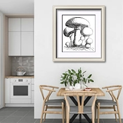 «Agaricus campestris or meadow mushroom engraving» в интерьере кухни в светлых тонах над обеденным столом