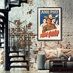 «Viet Poster #5» в интерьере двухярусной гостиной в стиле лофт с кирпичной стеной