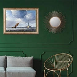 «Малые голландские корабли в бриз» в интерьере классической гостиной с зеленой стеной над диваном