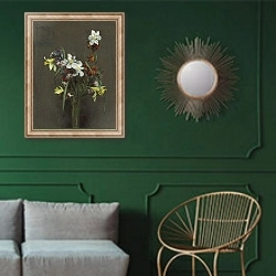 «Spring Flowers; Fleurs de printemps, 1873» в интерьере классической гостиной с зеленой стеной над диваном