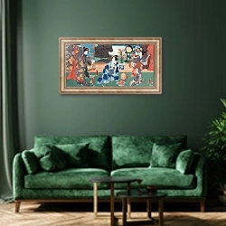 «The Sixth Lunar Month» в интерьере зеленой гостиной над диваном