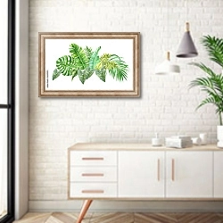 «Акварель с тропическими листьями» в интерьере комнаты в скандинавском стиле над тумбой