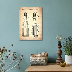 «Патент на систему закупоривания бутылки, 1933г» в интерьере в стиле ретро с бирюзовыми стенами