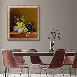 «Grapes, plums, raspberries, flowers and an acorn on a wooden ledge» в интерьере столовой с серыми стенами