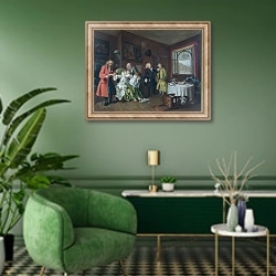 «Marriage A-la-Mode - 6, The Lady's Death» в интерьере гостиной в зеленых тонах