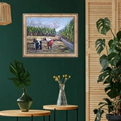 «Sugarcane Harvest, 1986» в интерьере в этническом стиле с зеленой стеной