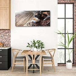 «Доброе утро начинается с хорошего кофе» в интерьере кухни с кирпичными стенами над столом