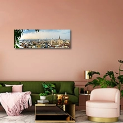 «Италия, Милан. Панорама центра города» в интерьере современной гостиной с розовой стеной