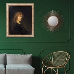 «Saskia van Uylenburgh, c.1634-1640» в интерьере классической гостиной с зеленой стеной над диваном