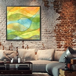 «Абстрактные волны, акварель 2» в интерьере гостиной в стиле лофт с кирпичной стеной