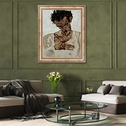 «Автопортрет со склоненной головой» в интерьере гостиной в оливковых тонах