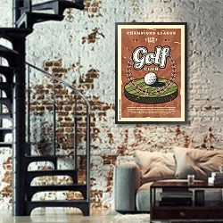 «Чемпионат мира по гольфу, ретро плакат» в интерьере двухярусной гостиной в стиле лофт с кирпичной стеной