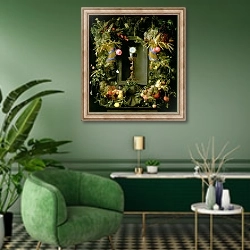 «Communion cup and host, encircled with a garland of fruit» в интерьере гостиной в зеленых тонах