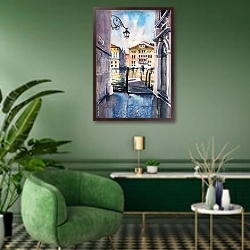 «Архитектура Венеции, акварель» в интерьере гостиной в зеленых тонах