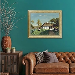 «Украинская усадьба» в интерьере гостиной с зеленой стеной над диваном