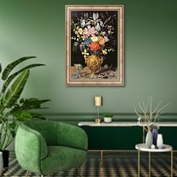 «Still Life with Flowers, c.1604» в интерьере гостиной в зеленых тонах