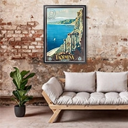 «Poster advertising Taormina, c.1927» в интерьере гостиной в стиле лофт над диваном