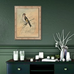 «A European Goldfinch» в интерьере прихожей в зеленых тонах над комодом