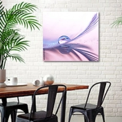 «Большая капля росы на изгибе лилового пера» в интерьере столовой в скандинавском стиле с кирпичной стеной