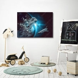 «Астронавт и корабль в космосе на фоне земли» в интерьере детской комнаты для мальчика с самокатом