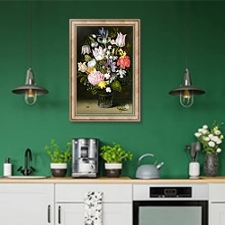 «Still Life with Flowers 4» в интерьере кухни с зелеными стенами