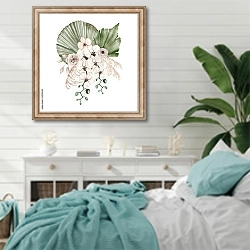 «Летний тропический букет с розами, орхидеями и сушеными пальмовыми листьями» в интерьере спальни в стиле прованс с голубыми деталями