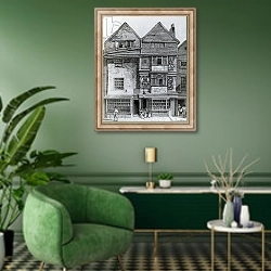 «Houses on the South Side of a Street called London Wall, published 1812» в интерьере гостиной в зеленых тонах