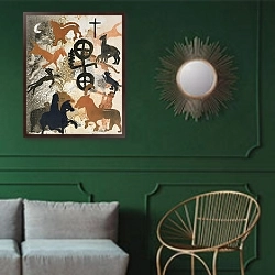 «Pictish Symbols of Stone, 1995» в интерьере классической гостиной с зеленой стеной над диваном