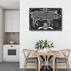 «Свинина, винтажная схема резки мяса» в интерьере кухни в светлых тонах над обеденным столом