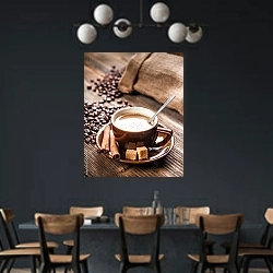 «Чашка капучино с корицей и коричневым сахаром» в интерьере столовой с черными стенами