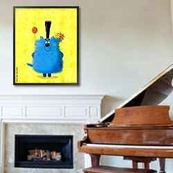 «Синий кот с цветами в руках и воздушным шаром» в интерьере зеленой гостиной над диваном