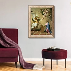 «The Annunciation, before 1652» в интерьере гостиной в бордовых тонах