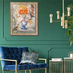 «Still Life Of Flowers In A Blue Decorative Vase With A Bird Perched Beside On A Ledge» в интерьере в классическом стиле с зеленой стеной