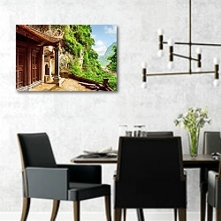 «Живописный вид с пагоды Бич Донг, Ниньбинь, Вьетнам» в интерьере современной столовой с черными креслами