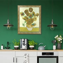 «Подсолнухи, 1888 Четвертый вариант» в интерьере кухни с зелеными стенами