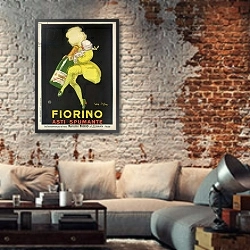 «Advertising poster for Fiorino Asti Spumante champagne, 1922» в интерьере гостиной в стиле лофт с кирпичной стеной