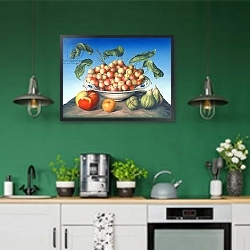 «Cherries in Delft bowl with red and yellow apple» в интерьере кухни с зелеными стенами