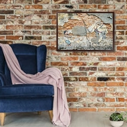 «Рисунок на стене мальчика с динозавром» в интерьере в стиле лофт с кирпичной стеной и синим креслом