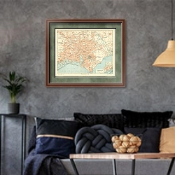«Карта Марселя, конец 19 в.» в интерьере гостиной в стиле лофт в серых тонах