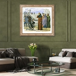 «Meeting of Richard II and Henry Bollinbroke at which Henry demands the throne» в интерьере гостиной в оливковых тонах