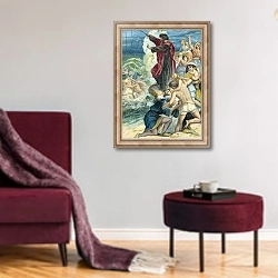 «Moses crossing the Red Sea» в интерьере гостиной в бордовых тонах