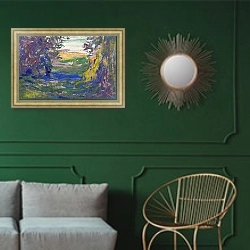 «Through the woods to the sea» в интерьере классической гостиной с зеленой стеной над диваном