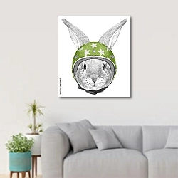 «Портрет кролика со шлемом» в интерьере светлой гостиной в скандинавском стиле