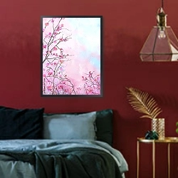 «Розовая японская вишня» в интерьере спальни с акцентной стеной