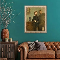 «Self-Portrait with Waroquy, 1889» в интерьере гостиной с зеленой стеной над диваном